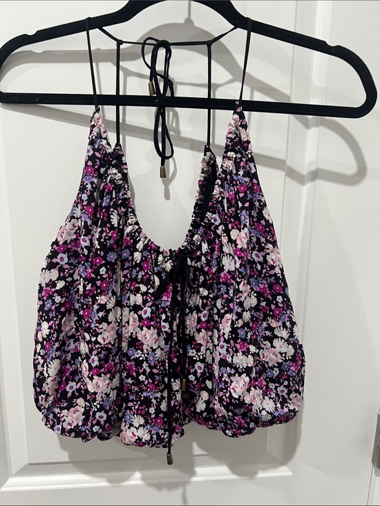 Free People Tops - Free People Black & Purple Floral Bubble Crop Top Size Small
